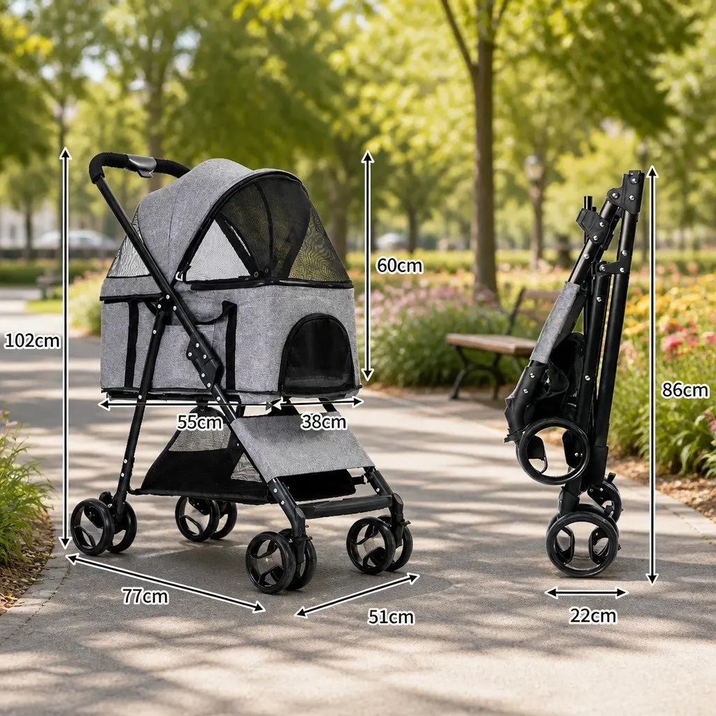 Pet Stroller Spacious Foldable Carrier for Large Dog Cat Grey 77cm x 51cm x 102cm