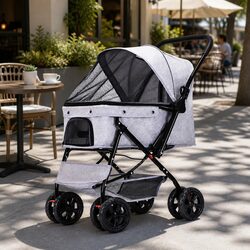 Pet Stroller Dog Cat Pram Carrier Portable Foldable Wheels Storage Basket Grey