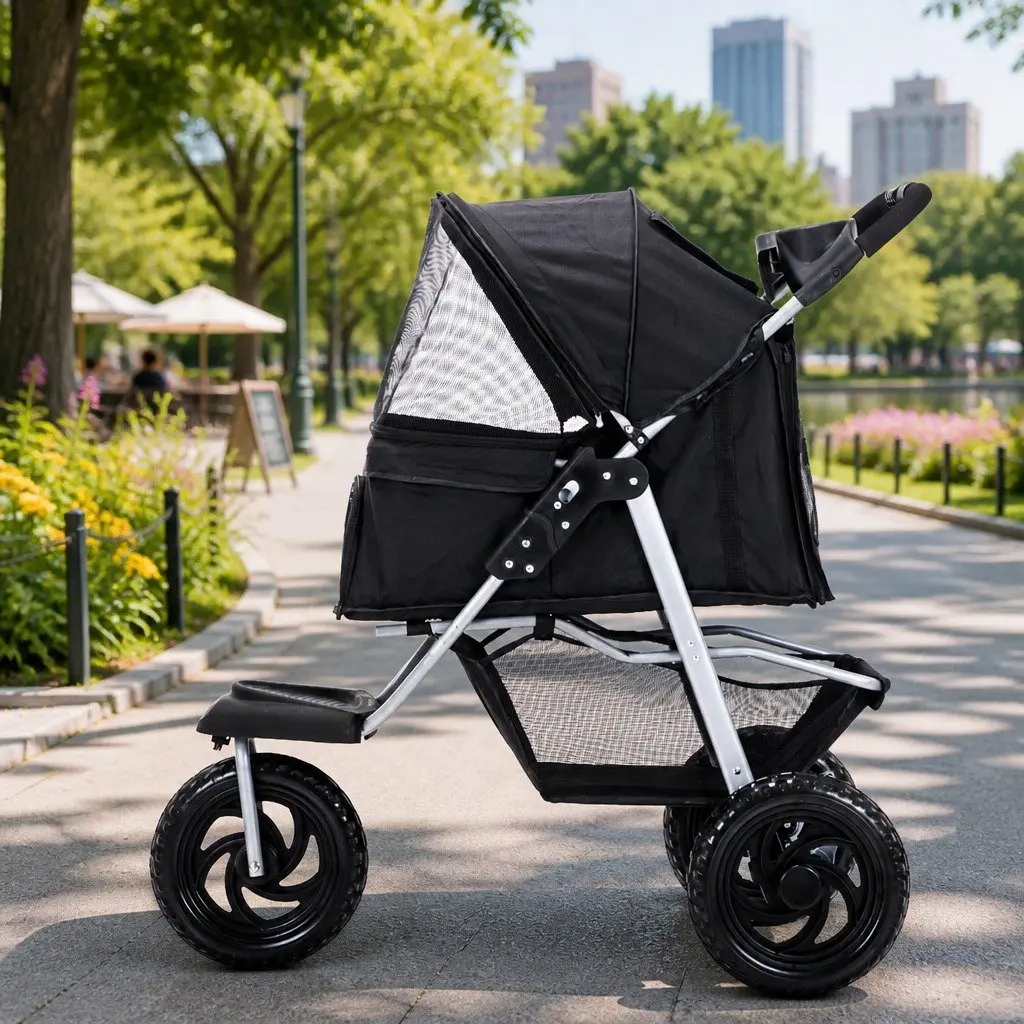 Pet Stroller Dog Cat Carrier Pram Elevated Design Foldable Wheels Basket