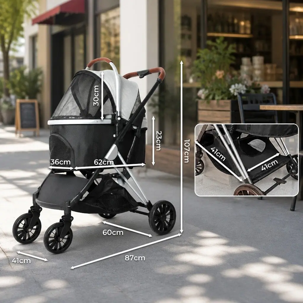 Pet Stroller Foldable 4 Wheels Breathable Mesh Window 87cm x 60cm x 101cm