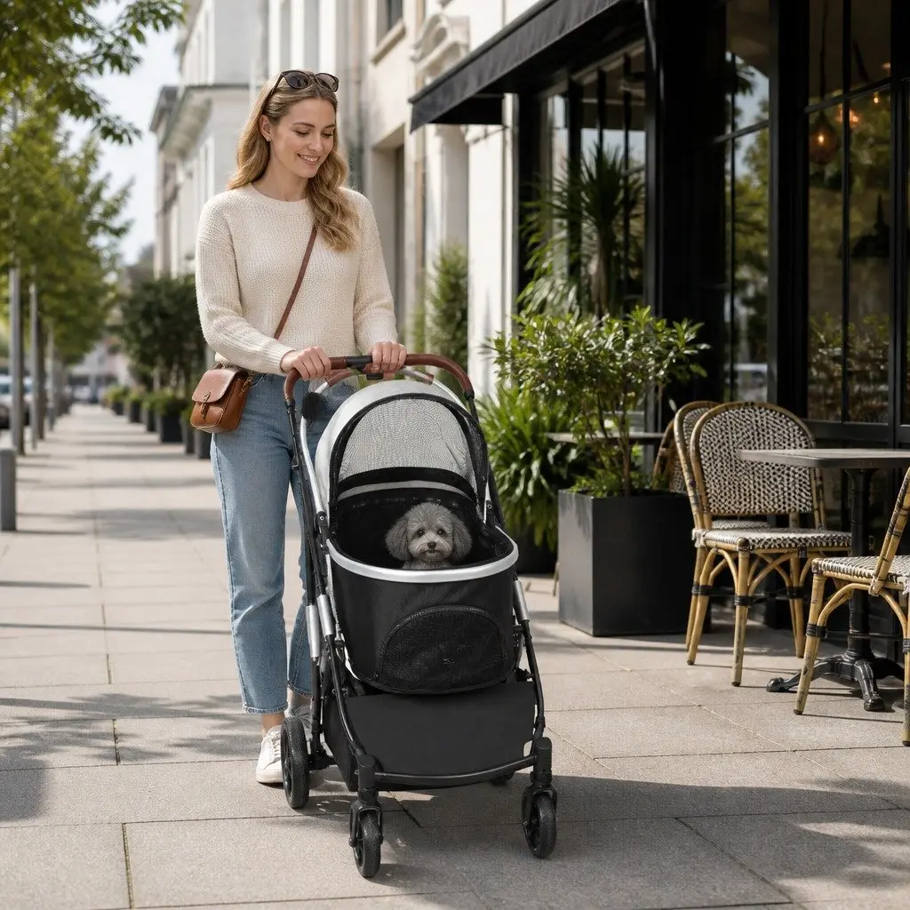 Pet Stroller Foldable 4 Wheels Breathable Mesh Window 87cm x 60cm x 101cm