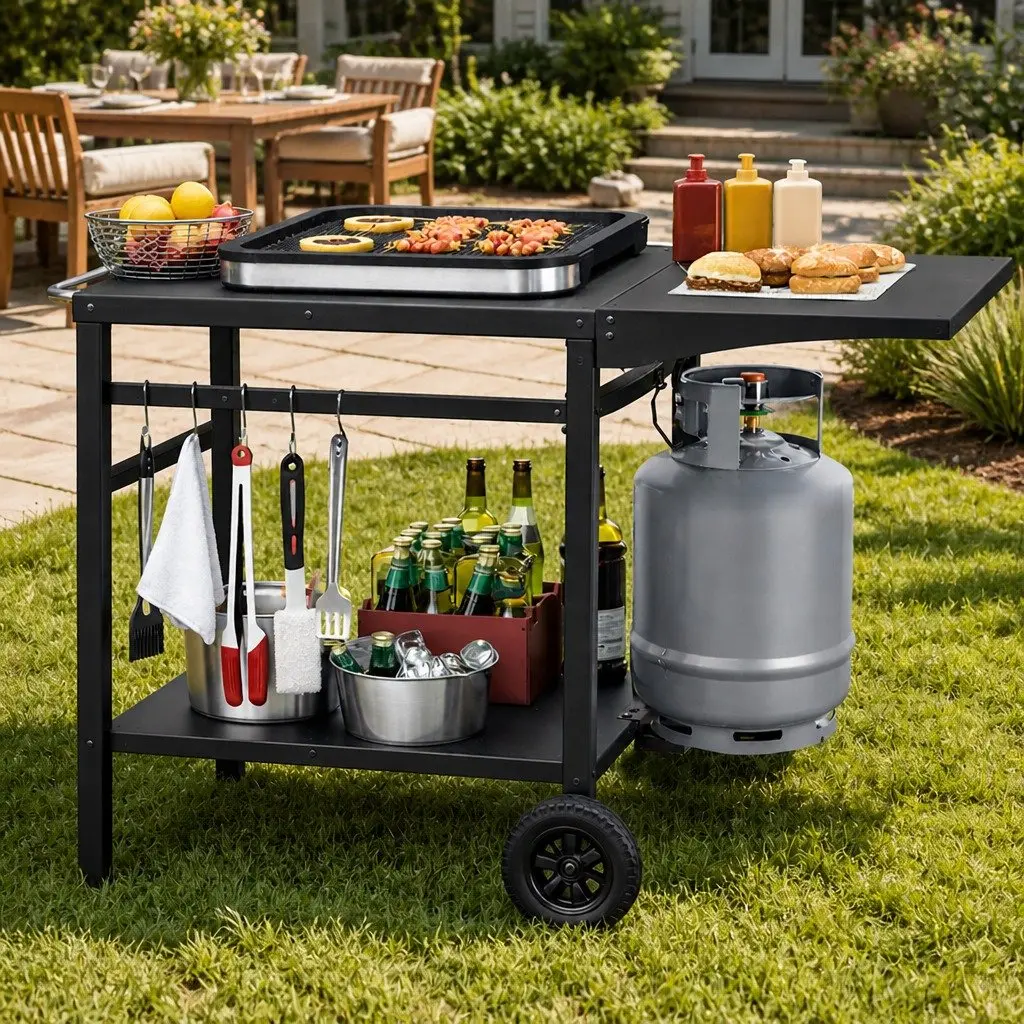 Outdoor Kitchen Cart Mobile Foldable BBQ Grill Food Prep Dining Patio Table