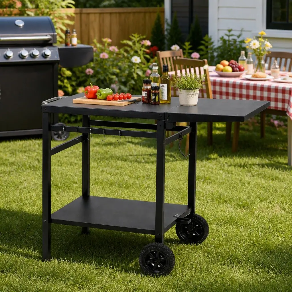 Outdoor Kitchen Cart Mobile Foldable BBQ Grill Food Prep Dining Patio Table
