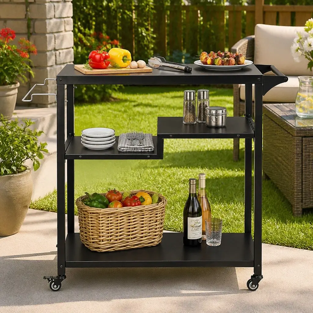 Outdoor Kitchen Cart 3 Tier Mobile BBQ Grill Serving Trolley Patio Storage Table