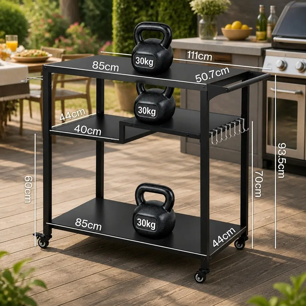 Outdoor Kitchen Cart 3 Tier Mobile BBQ Grill Serving Trolley Patio Storage Table