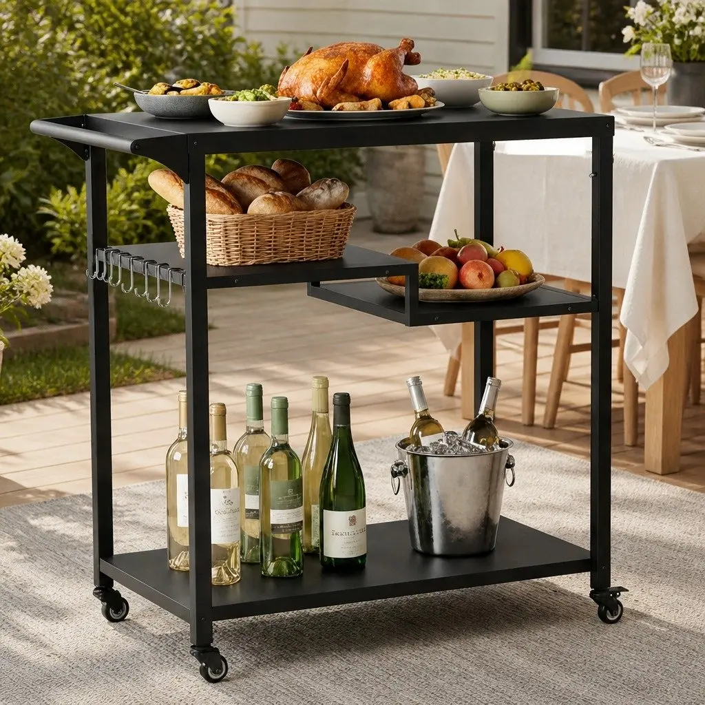Outdoor Kitchen Cart 3 Tier Mobile BBQ Grill Serving Trolley Patio Storage Table