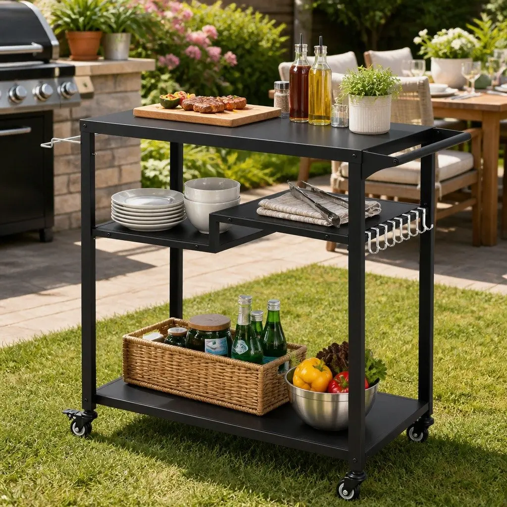 Outdoor Kitchen Cart 3 Tier Mobile BBQ Grill Serving Trolley Patio Storage Table