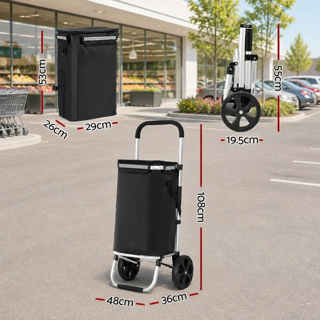 Shopping Trolley Cart Foldable Aluminium Frame Black 45kg Capacity