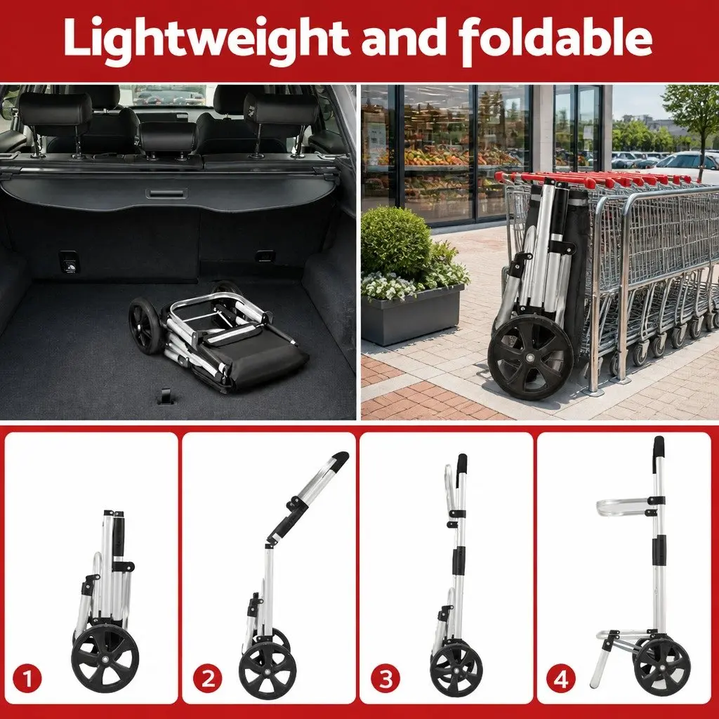 Shopping Trolley Cart Foldable Aluminium Frame Black 45kg Capacity