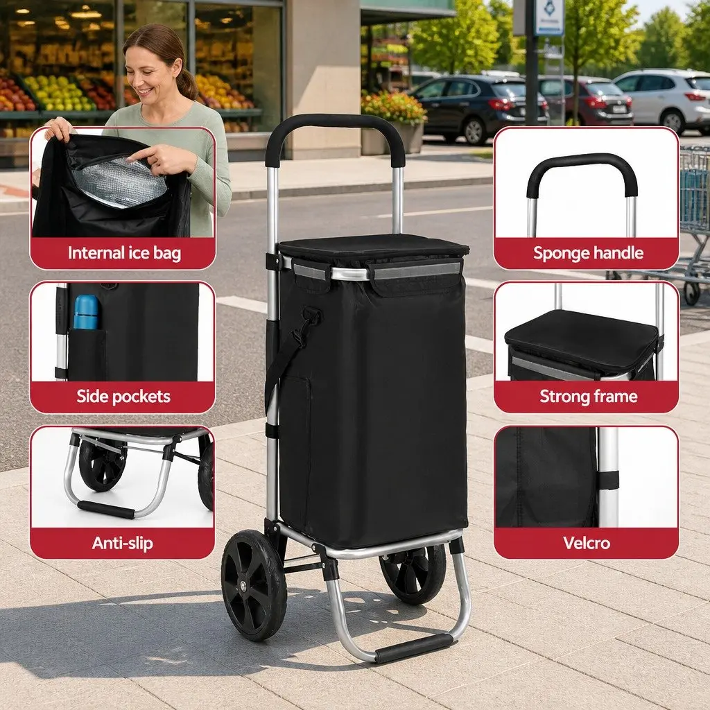 Shopping Trolley Cart Foldable Aluminium Frame Black 45kg Capacity
