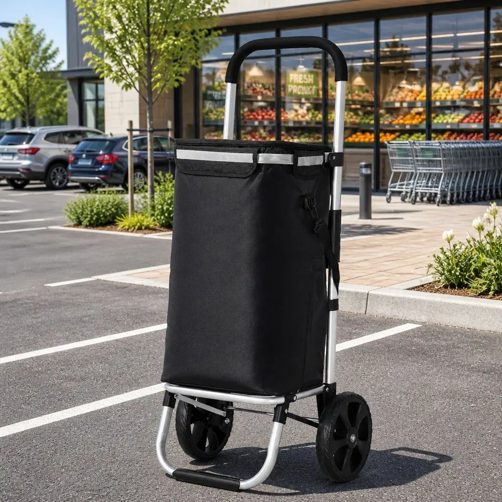 Shopping Trolley Cart Foldable Aluminium Frame Black 45kg Capacity