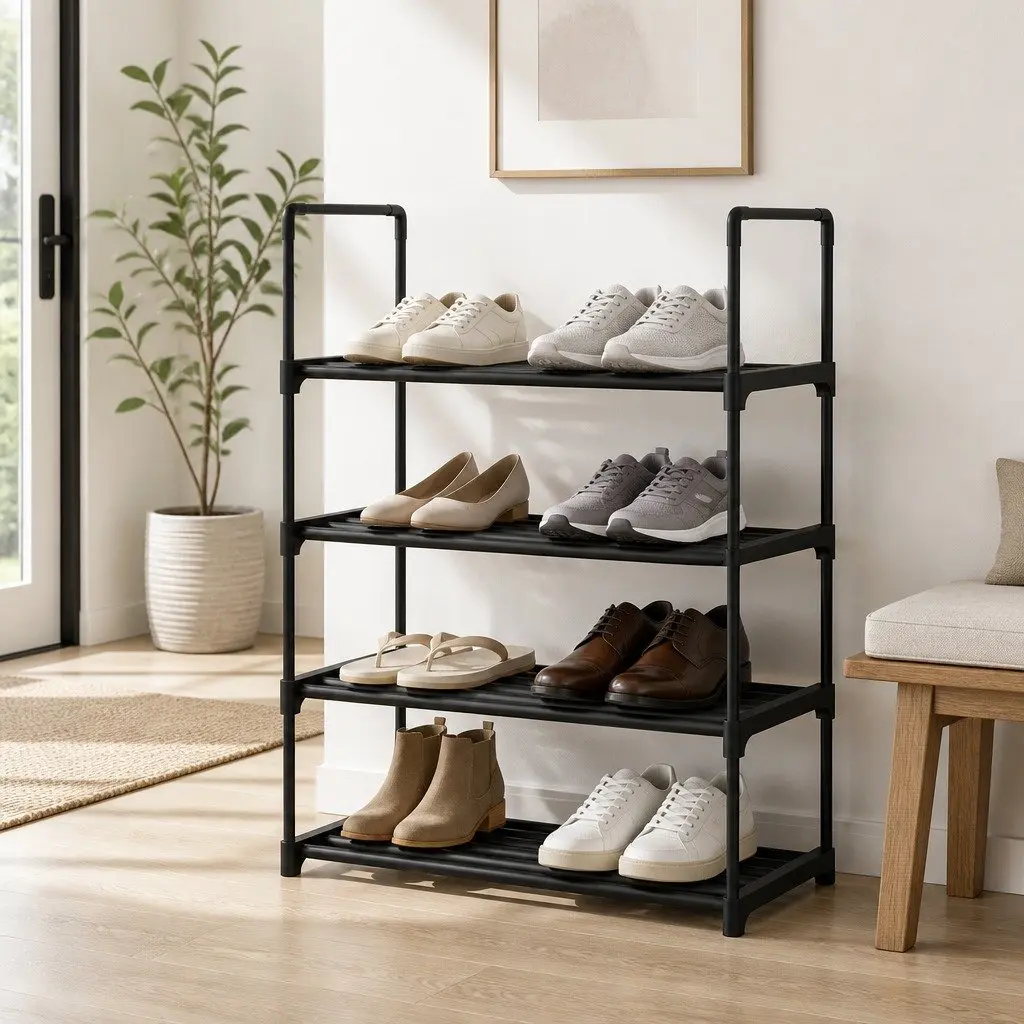 4-Tier Shoe Storage Rack Stackable Organizer Black Metal Frame 12 Pairs