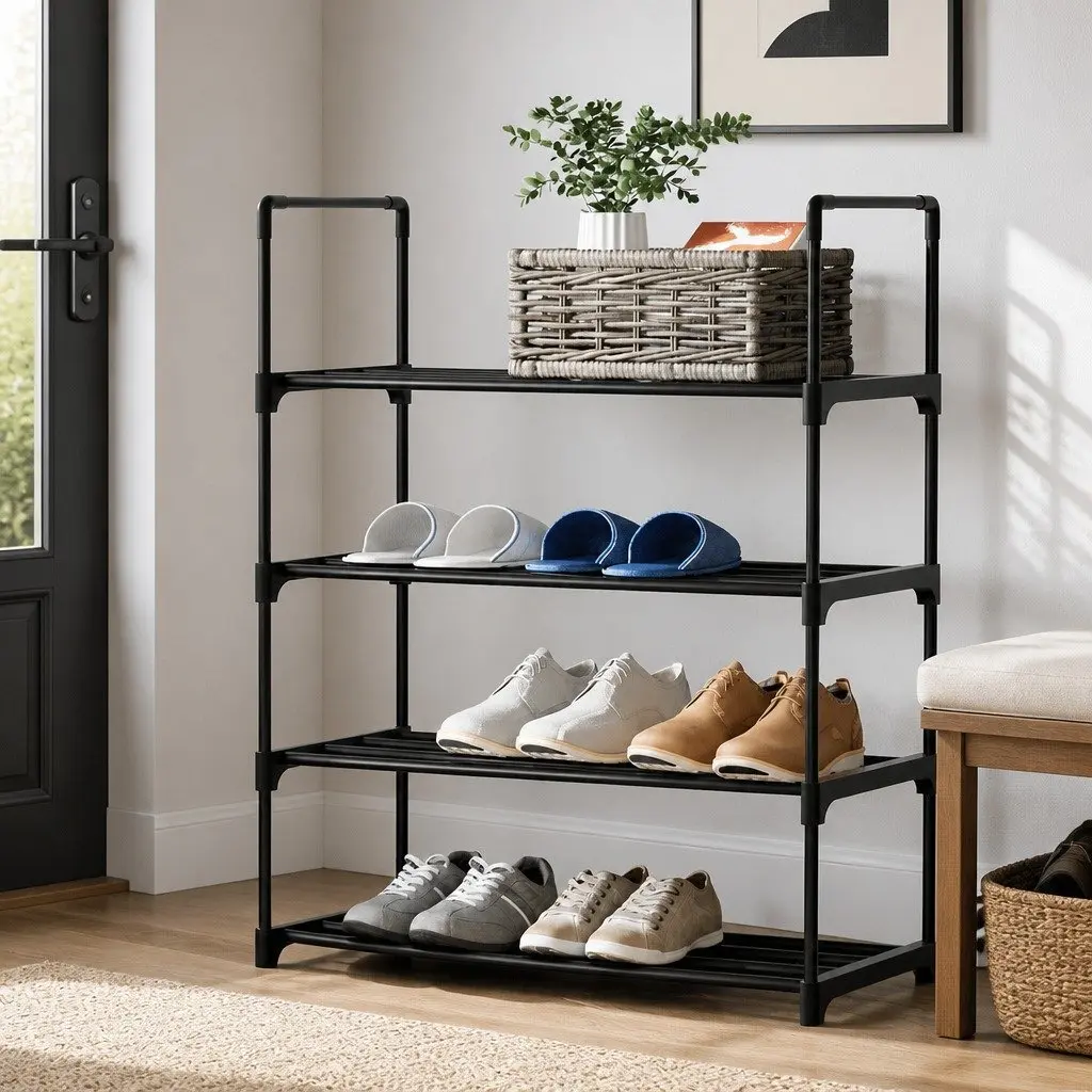 4-Tier Shoe Storage Rack Stackable Organizer Black Metal Frame 12 Pairs