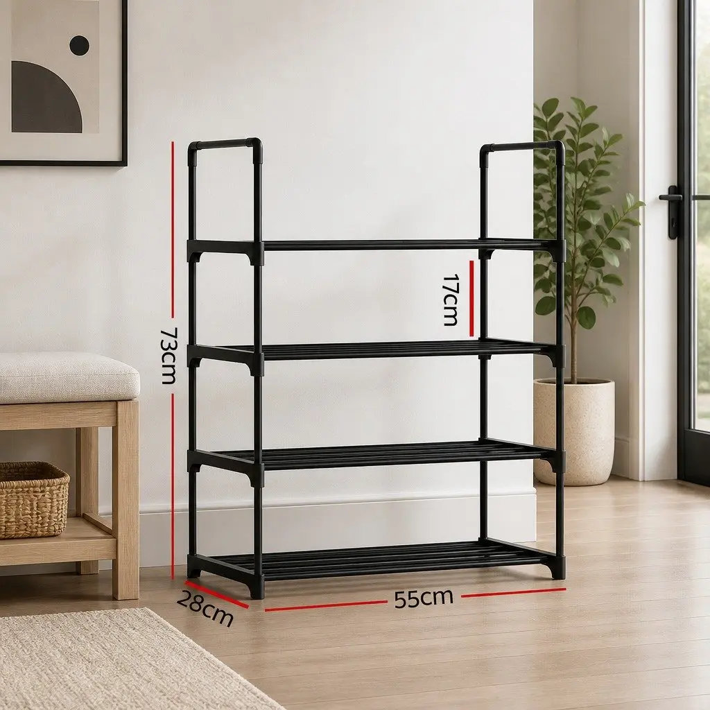 4-Tier Shoe Storage Rack Stackable Organizer Black Metal Frame 12 Pairs