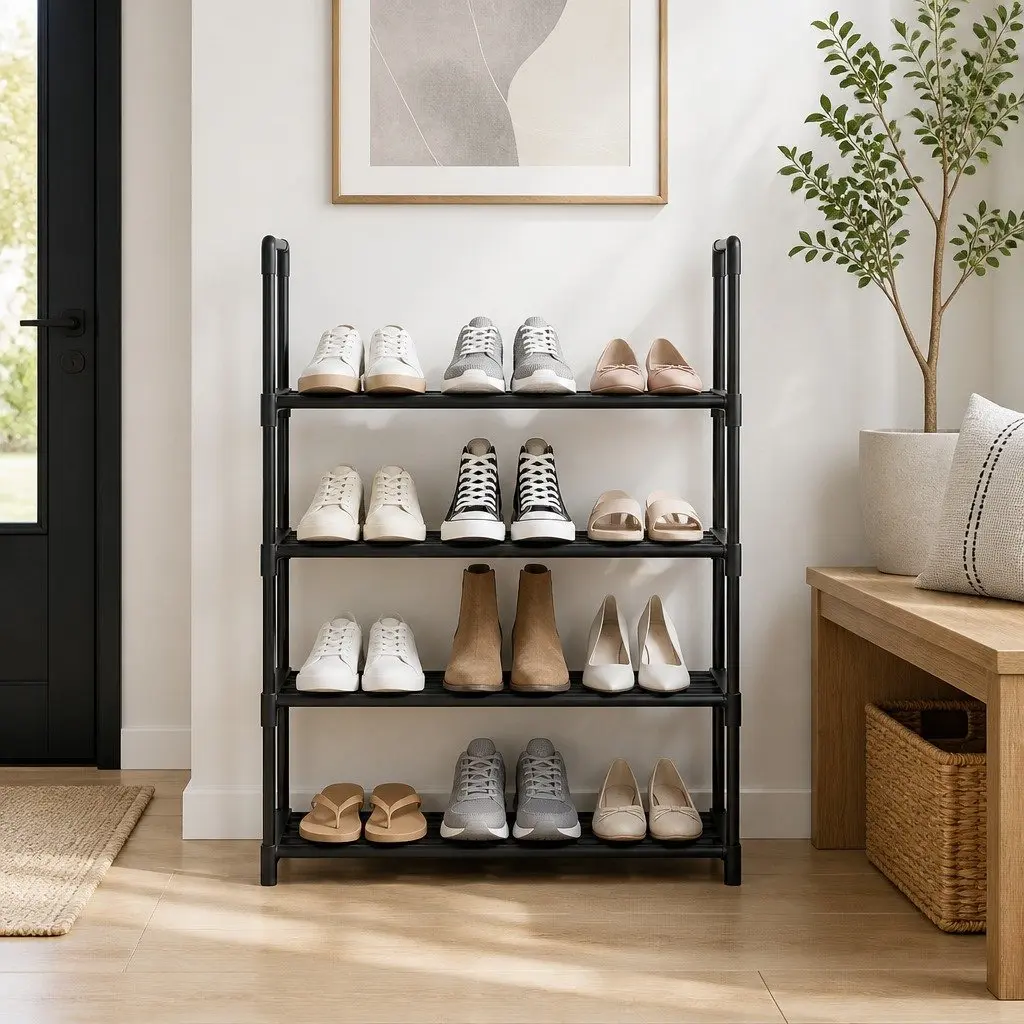 4-Tier Shoe Storage Rack Stackable Organizer Black Metal Frame 12 Pairs