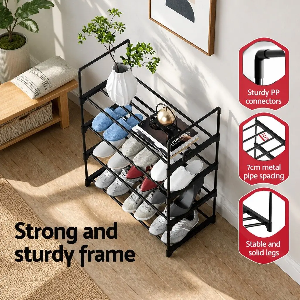 4-Tier Shoe Storage Rack Stackable Organizer Black Metal Frame 12 Pairs