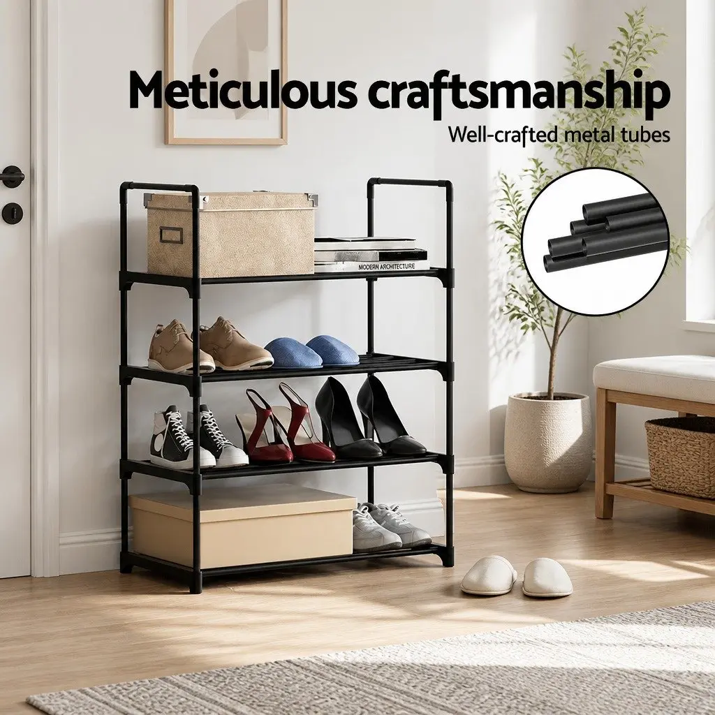4-Tier Shoe Storage Rack Stackable Organizer Black Metal Frame 12 Pairs