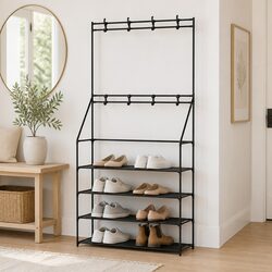 Shoe Rack Hall Tree 16 Pairs Five-Tier Coat Hanger Storage Organiser Black