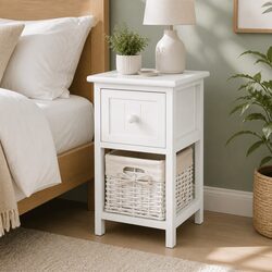 White Bedside Table 1 Drawer with Wicker Basket Storage Rustic Cottage Style x2