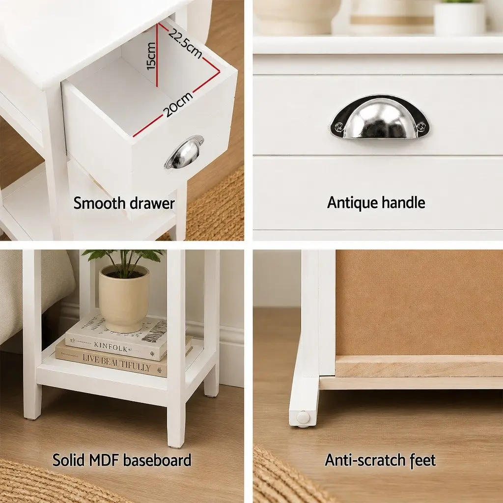 Bedside Table White Vintage Design Drawer Storage Compact Bedroom Furniture