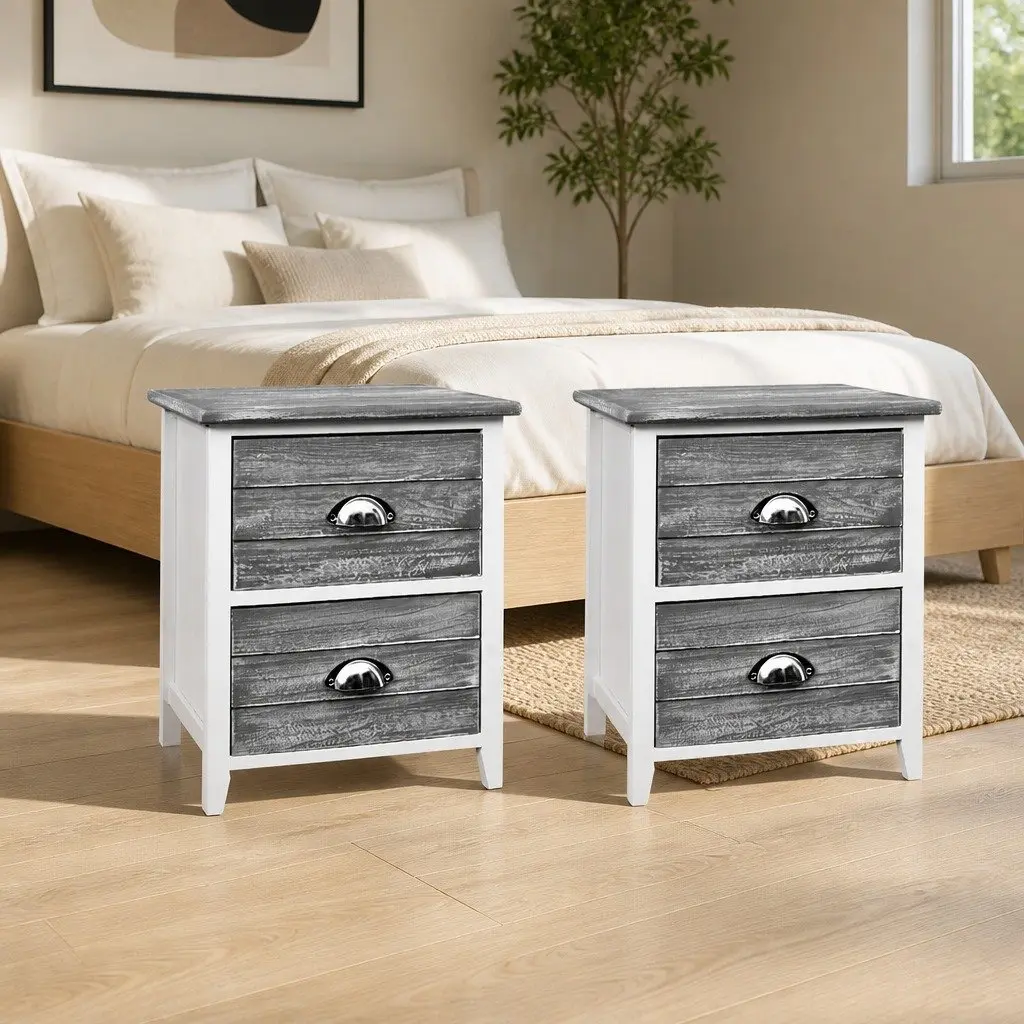 Bedside Table Vintage Grey 2 Drawers Compact Storage Nightstand