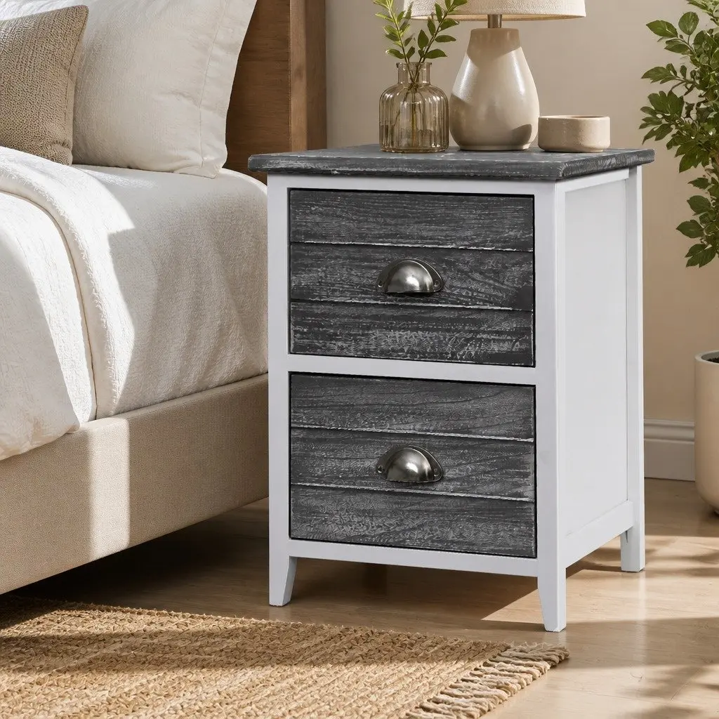 Bedside Table Vintage Grey 2 Drawers Compact Storage Nightstand