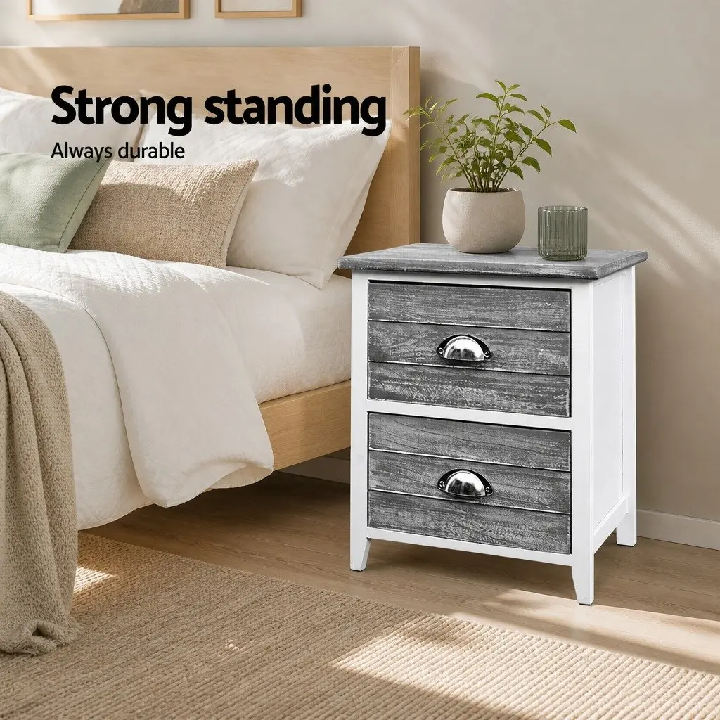 Bedside Table Vintage Grey 2 Drawers Compact Storage Nightstand
