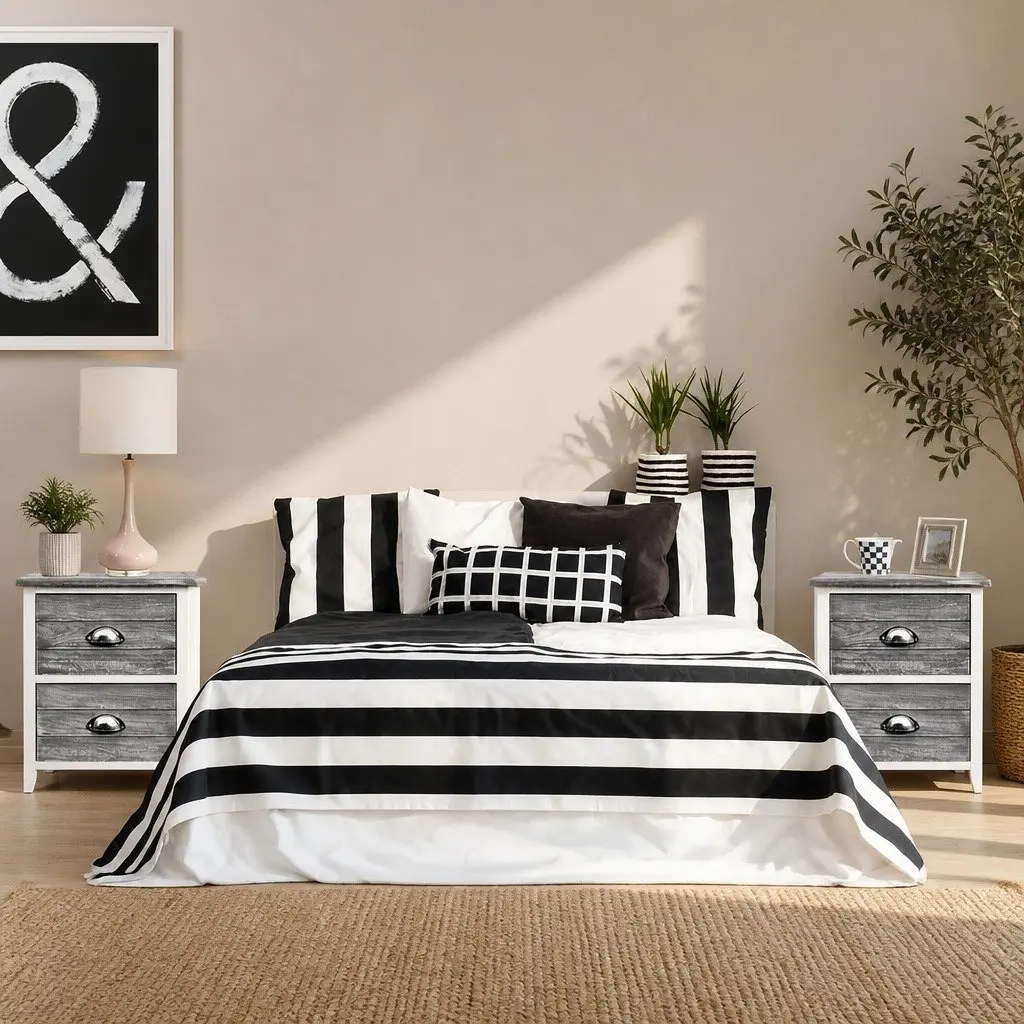 Bedside Table Vintage Grey 2 Drawers Compact Storage Nightstand
