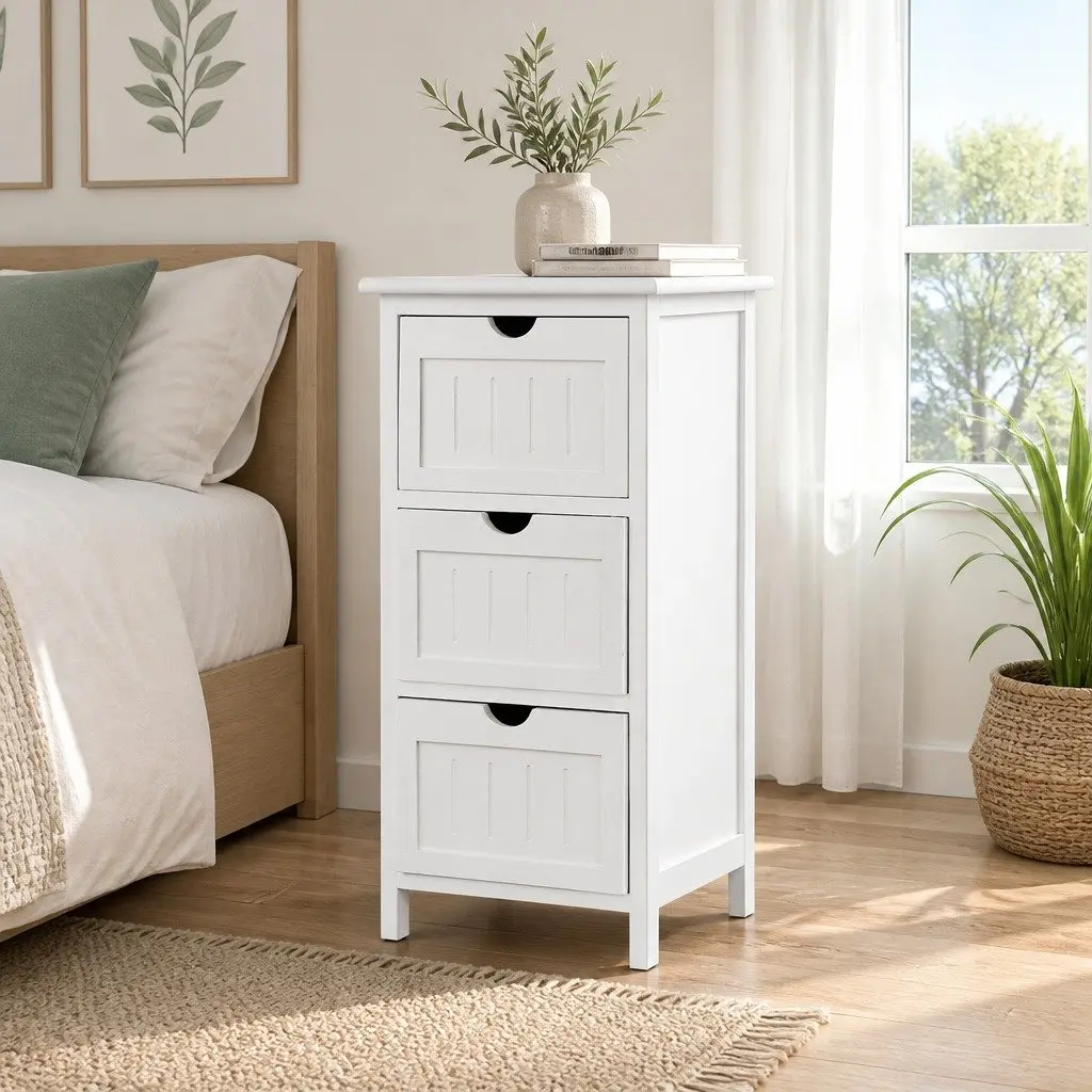 Bedside Table Storage Cabinet 3 Drawers White 30cm W x 30cm D x 64cm H Bedroom Nightstand Organizer