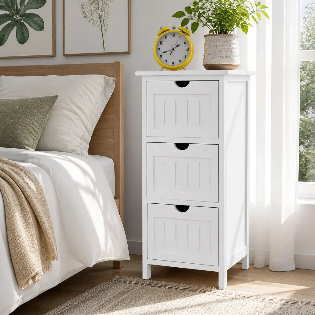 Bedside Table Storage Cabinet 3 Drawers White 30cm W x 30cm D x 64cm H Bedroom Nightstand Organizer