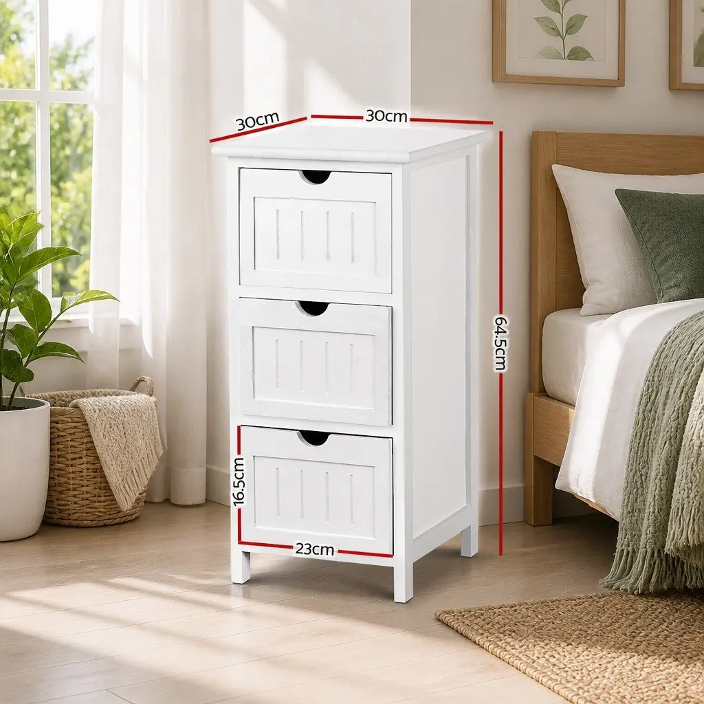 Bedside Table Storage Cabinet 3 Drawers White 30cm W x 30cm D x 64cm H Bedroom Nightstand Organizer