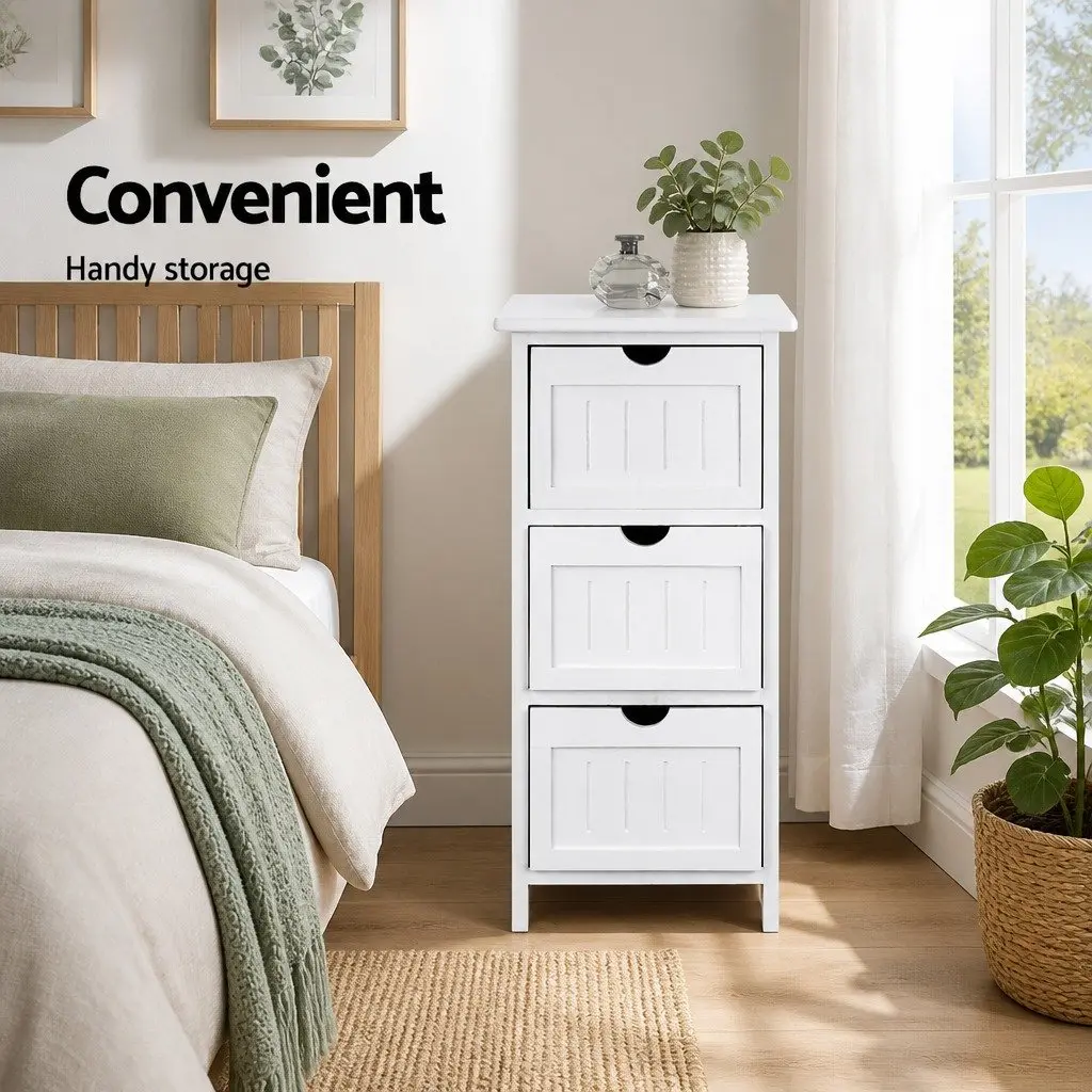 Bedside Table Storage Cabinet 3 Drawers White 30cm W x 30cm D x 64cm H Bedroom Nightstand Organizer