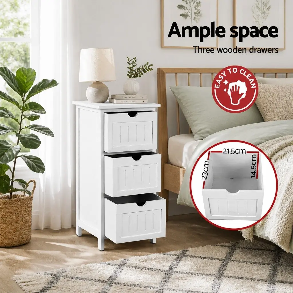 Bedside Table Storage Cabinet 3 Drawers White 30cm W x 30cm D x 64cm H Bedroom Nightstand Organizer