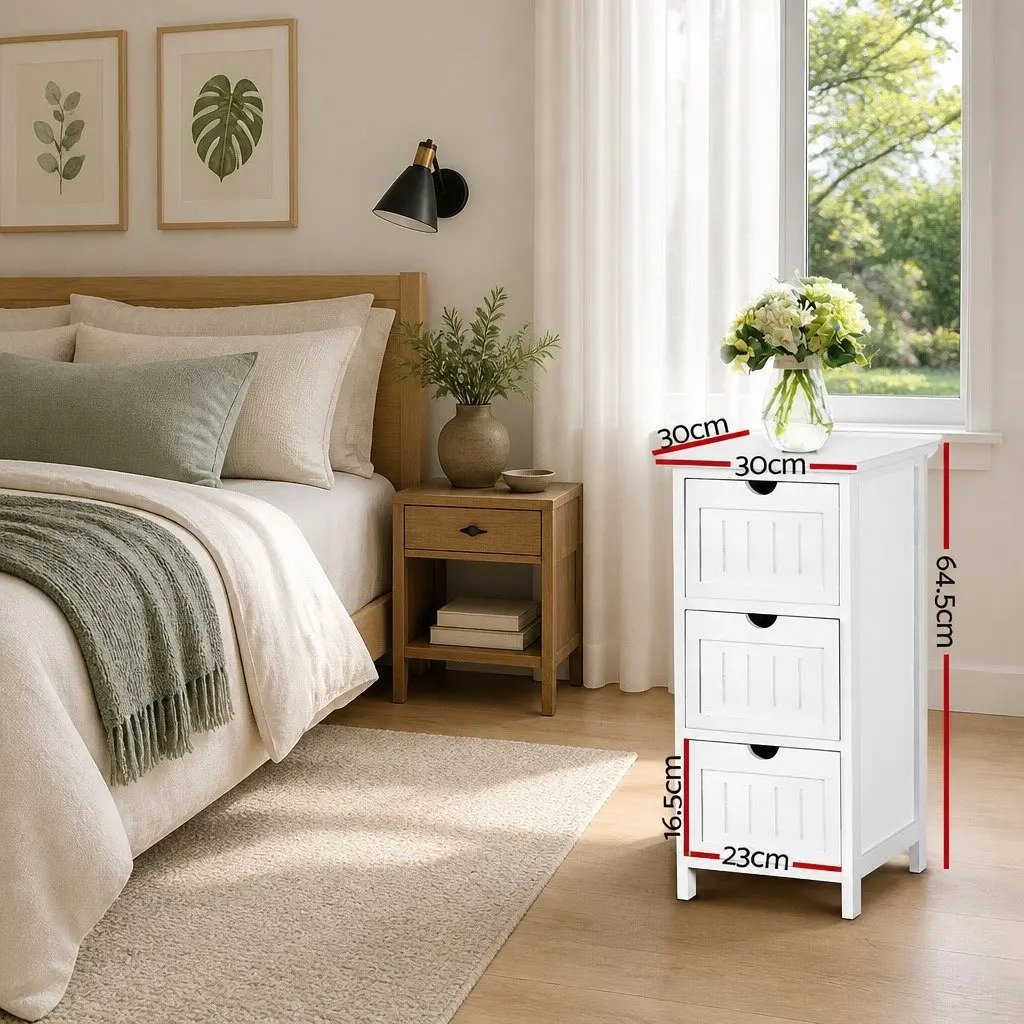 Bedside Table Storage Cabinet 3 Drawers White 30cm W x 30cm D x 64cm H Bedroom Nightstand Organizer