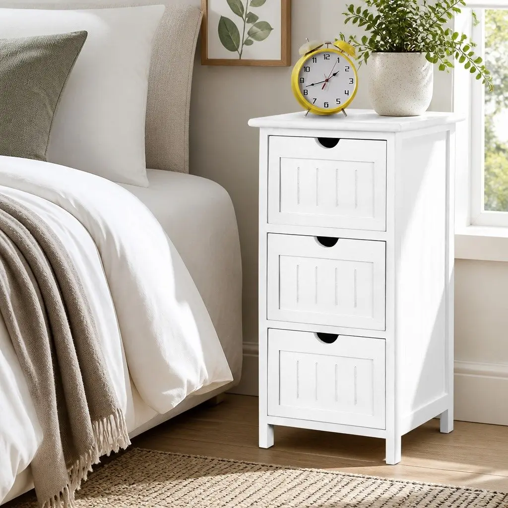 Bedside Table Storage Cabinet 3 Drawers White 30cm W x 30cm D x 64cm H Bedroom Nightstand Organizer