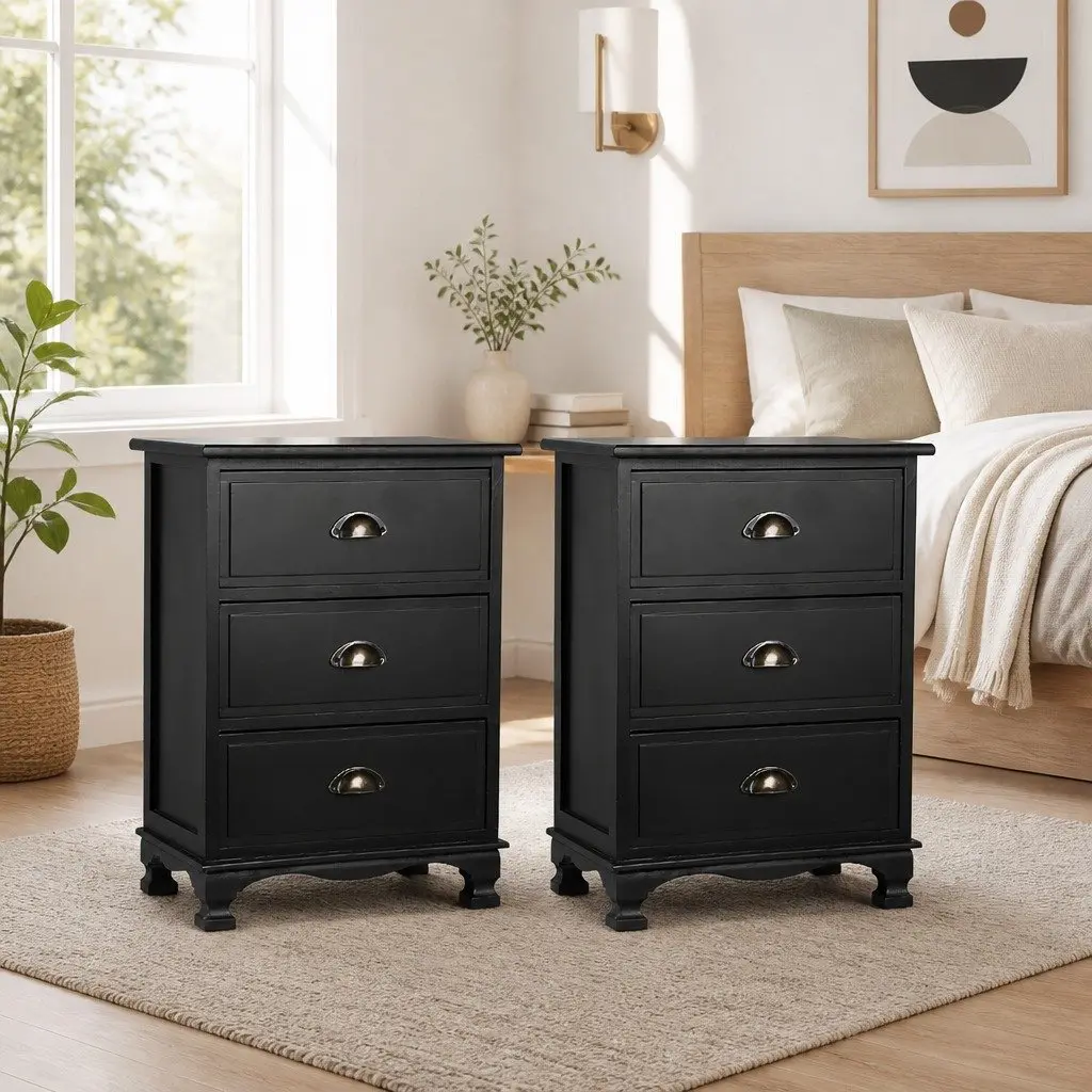 Bedside Table Vintage Black 3 Drawers Storage Cabinet