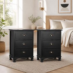 Bedside Table 3 Drawers Black Vintage Storage Cabinet Nightstand with Metal