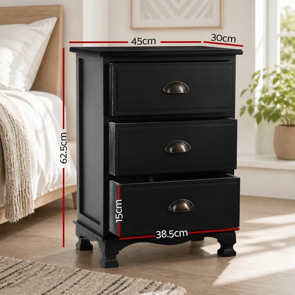 Bedside Table Vintage Black 3 Drawers Storage Cabinet
