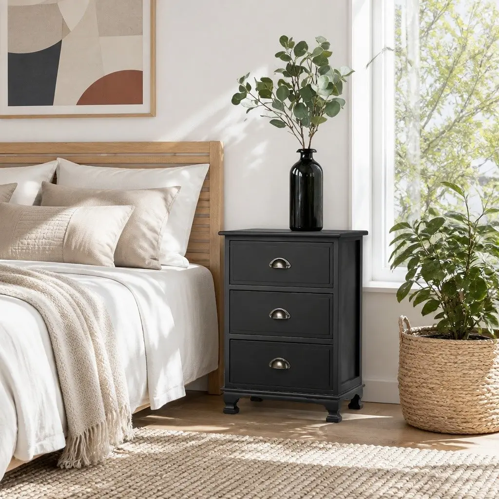 Bedside Table Vintage Black 3 Drawers Storage Cabinet