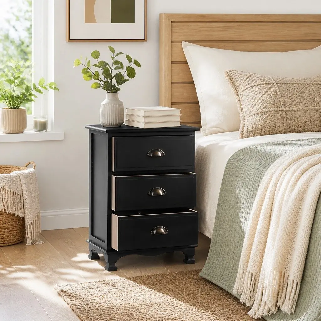 Bedside Table Vintage Black 3 Drawers Storage Cabinet