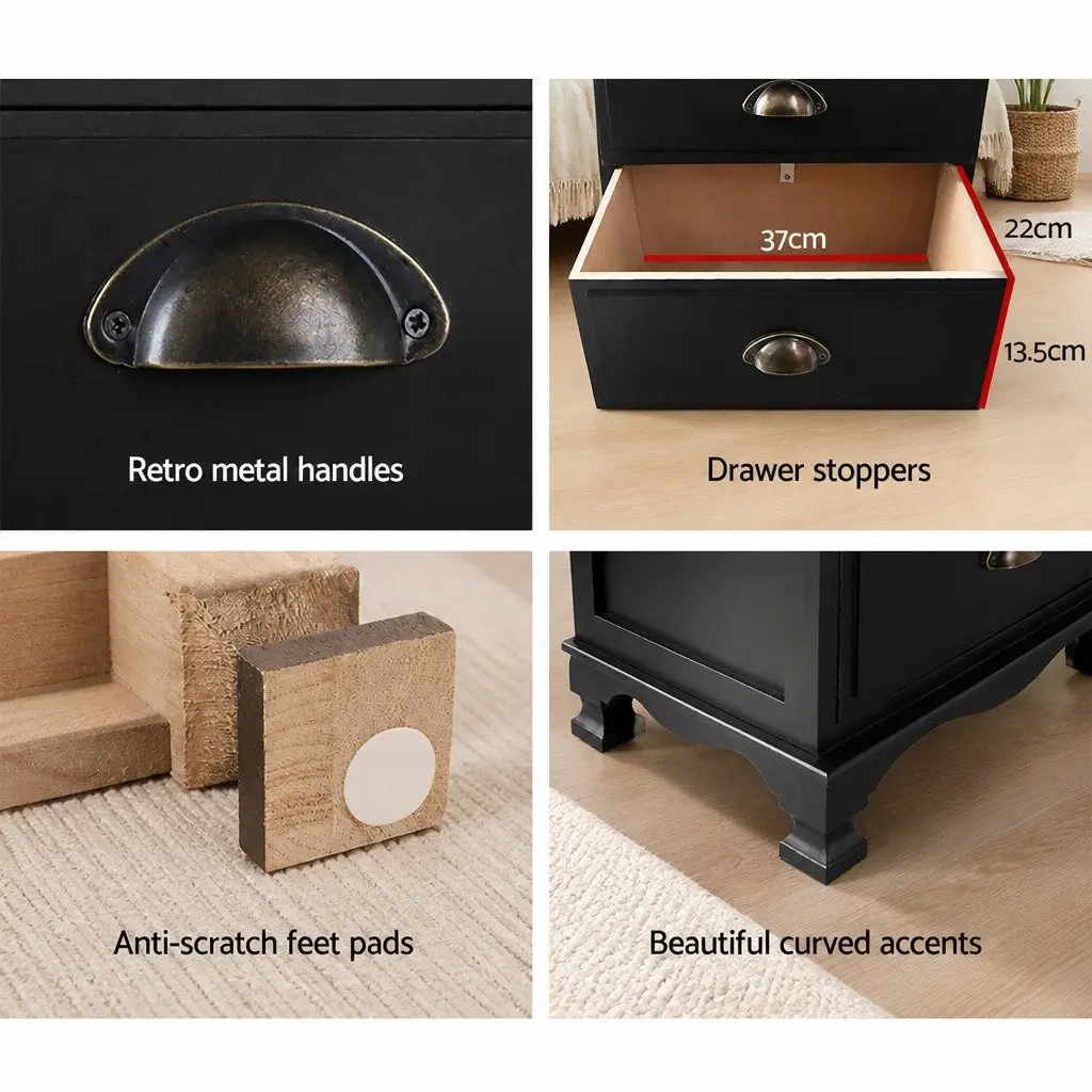 Bedside Table Vintage Black 3 Drawers Storage Cabinet