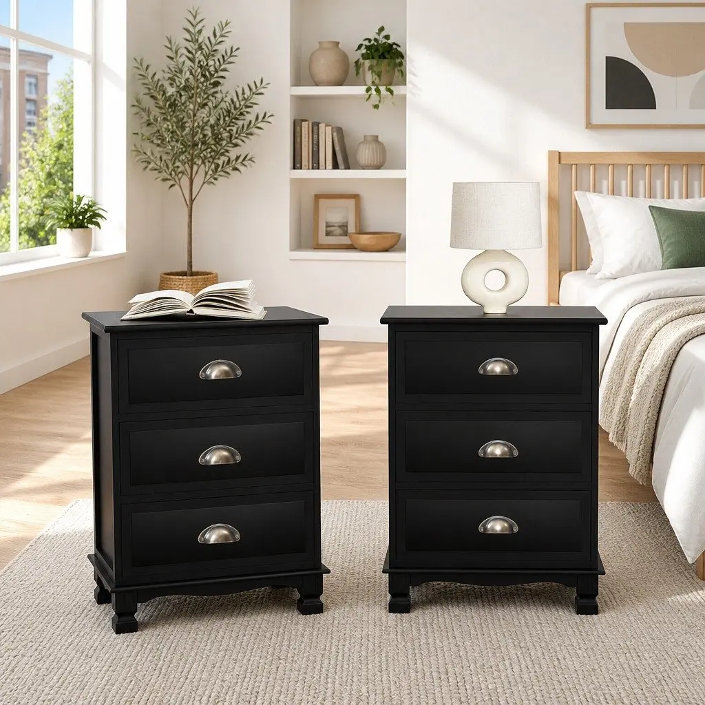 Bedside Table Vintage Black 3 Drawers Storage Cabinet