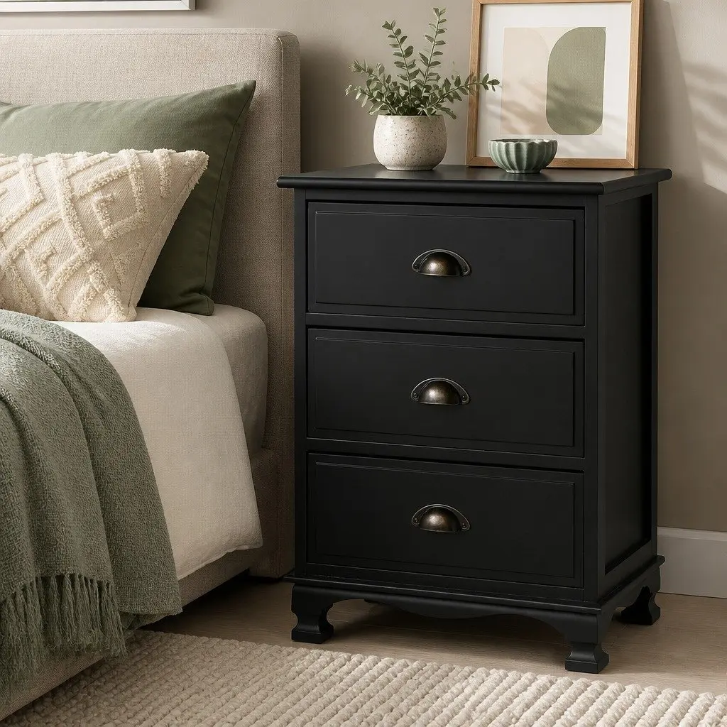 Black Bedside Table Vintage 3 Drawer Storage Cabinet 45cm W x 30cm D x 62.5cm H