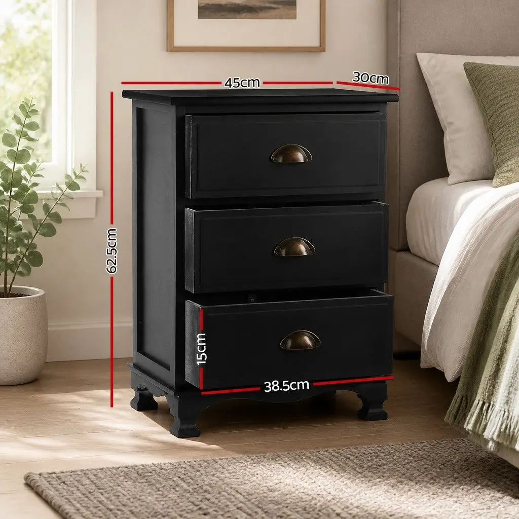 Black Bedside Table Vintage 3 Drawer Storage Cabinet 45cm W x 30cm D x 62.5cm H