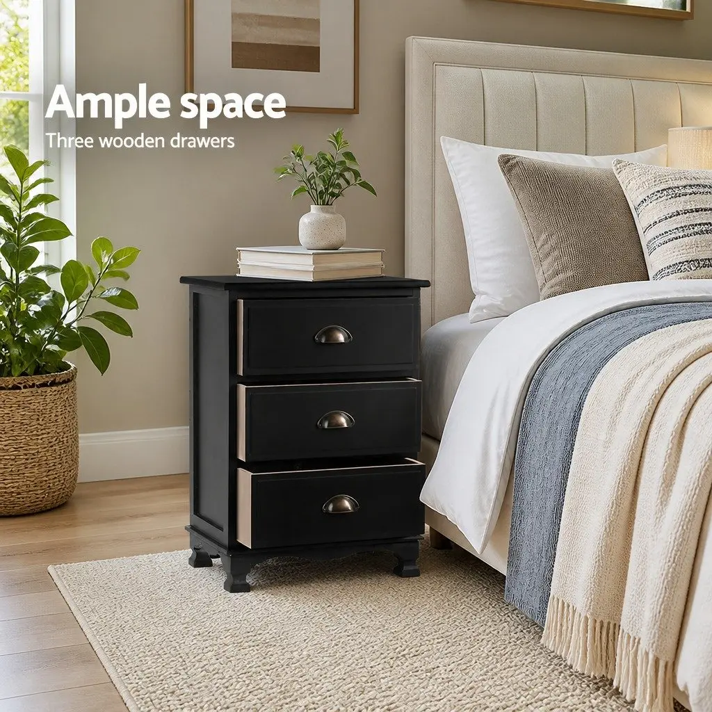 Black Bedside Table Vintage 3 Drawer Storage Cabinet 45cm W x 30cm D x 62.5cm H