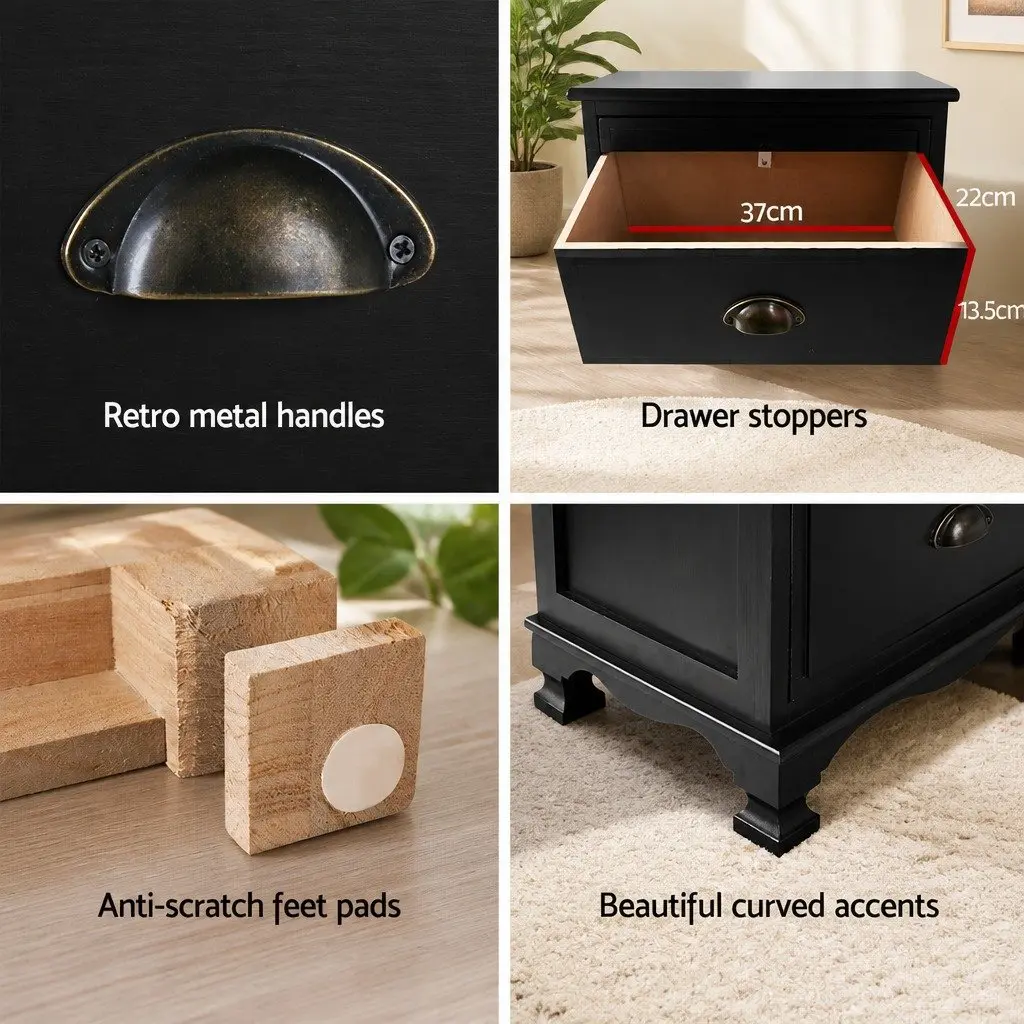Black Bedside Table Vintage 3 Drawer Storage Cabinet 45cm W x 30cm D x 62.5cm H