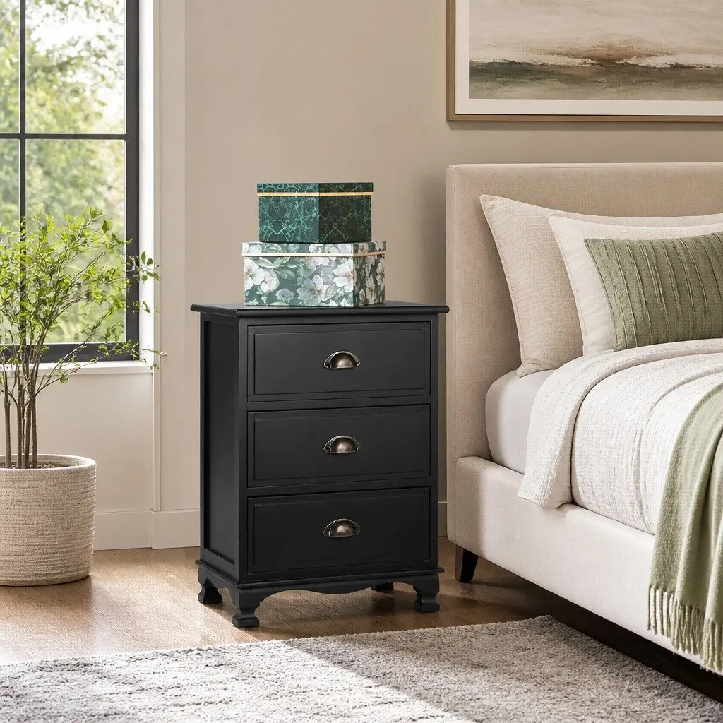 Black Bedside Table Vintage 3 Drawer Storage Cabinet 45cm W x 30cm D x 62.5cm H