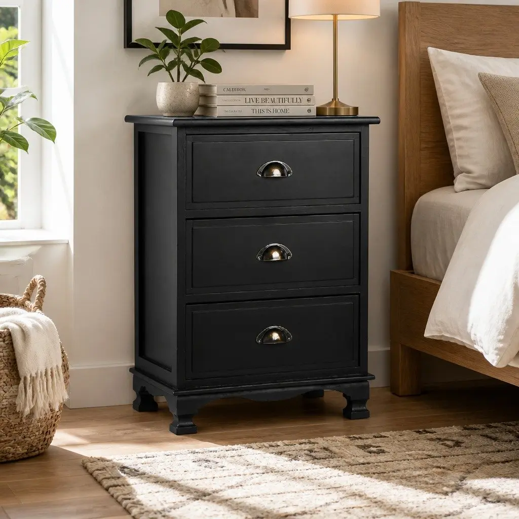 Black Bedside Table Vintage 3 Drawer Storage Cabinet 45cm W x 30cm D x 62.5cm H