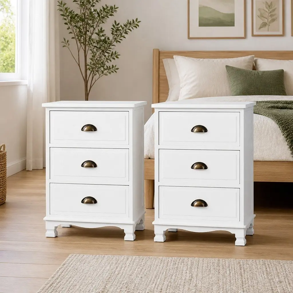 Bedside Table Vintage White 3 Drawers Storage Cabinet Nightstand