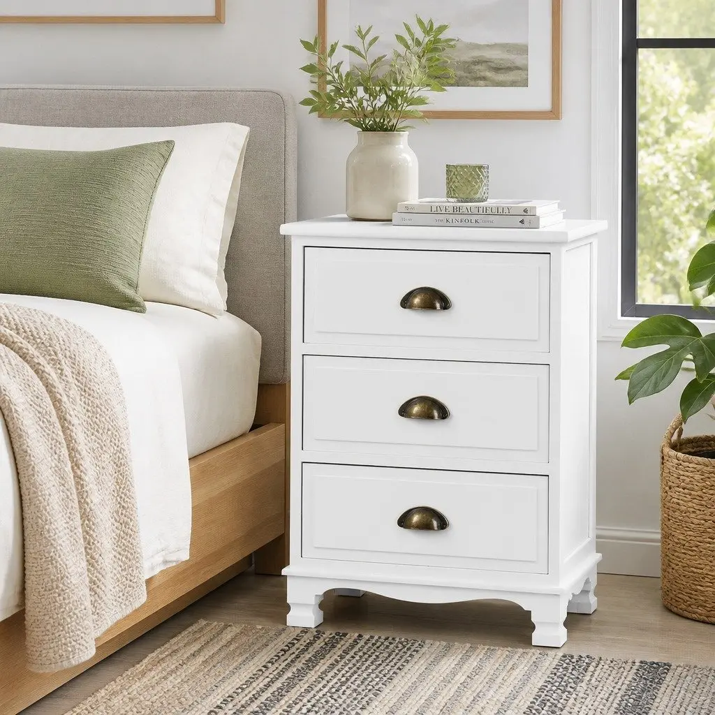 Bedside Table Vintage White 3 Drawers Storage Cabinet Nightstand